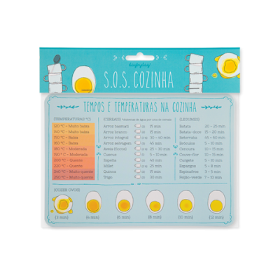 Quadro azul com instruções de tempos e temperaturas para cozinha e cozimento de ovos.