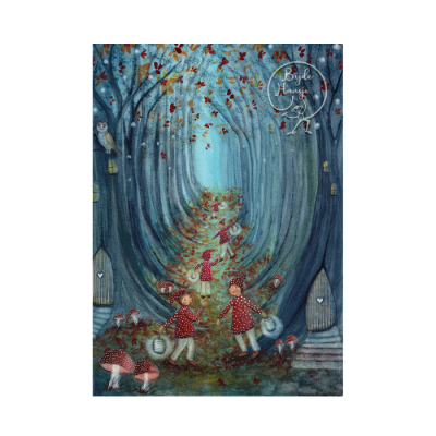 Ilustração colorida de floresta com crianças, cogumelos, árvores azuis e texto 'Bij de Haasje'