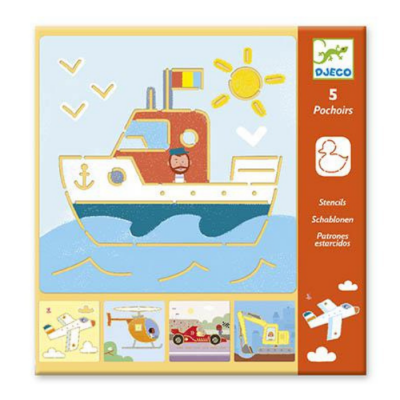 Stencil DJECO com 5 desenhos de veículos coloridos para pintar.