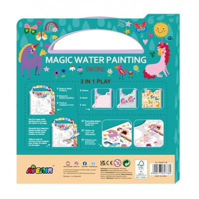 Embalagem de produto Magic Water Painting com ilustrações de unicórnios e instruções visíveis