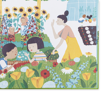 Ilustração de mulher e crianças a cuidar de uma horta colorida