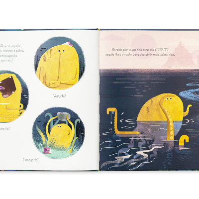 Livro infantil com ilustrações de elefantes amarelos e texto em português