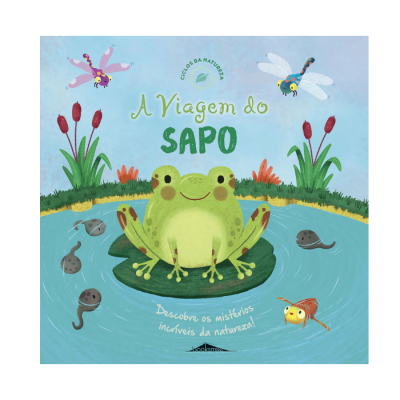 Capa de livro infantil com sapo verde num lago e texto em português