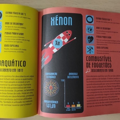 Páginas de livro coloridas com texto sobre submarinos e xenônio, incluindo ilustração de um foguete.