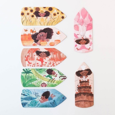 Sete marcadores de livros coloridos com ilustrações de crianças em vários ambientes naturais