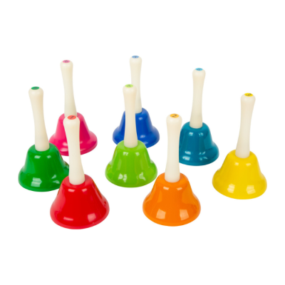 Sinos de mão coloridos com alças brancas em fundo branco.