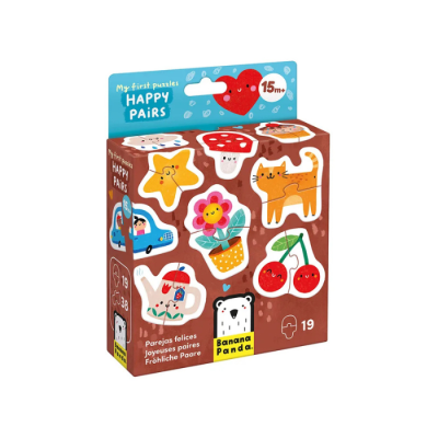 Caixa de puzzle Happy Pairs para crianças com ilustrações coloridas e indicação de 15 meses
