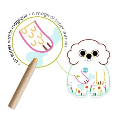 Desenho de cão com lupa e lápis com texto bilíngue