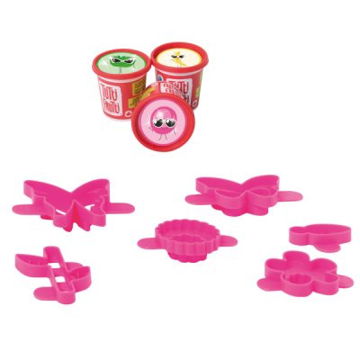 Potinhos de plasticina com tampas coloridas e moldes rosa em várias formas