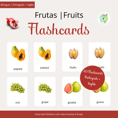 Flashcards de frutas com fotos realistas e nomes em Português e Inglês