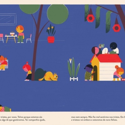 Ilustração de crianças e cão em parque com árvores e casinha