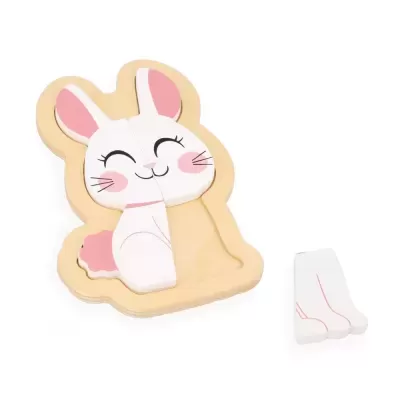 Quebra-cabeça de madeira infantil coelho branco e rosa