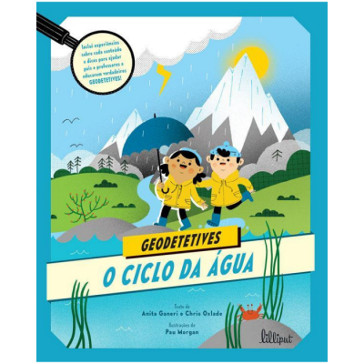 Capa de livro ilustrada com duas crianças em casacos amarelos em paisagem com montanhas e lago