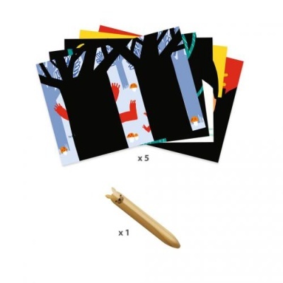 Cinco cartas coloridas com ilustrações e um objeto de madeira