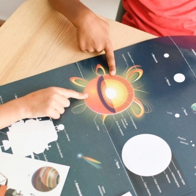 Cartaz educativo do sistema solar com desenho do Sol e planetas, mãos de crianças apontando para o Sol.