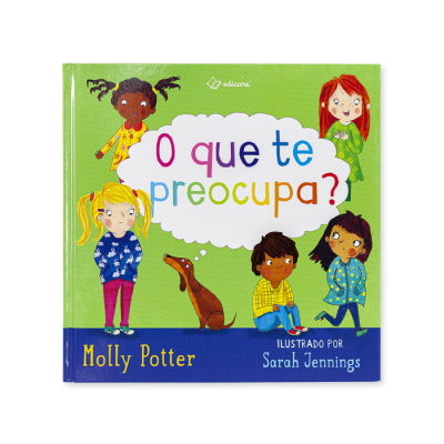 Capa de livro infantil 'O que te preocupa?' com crianças e cão num fundo verde.