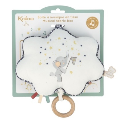 Caixa musical de tecido forma de nuvem com anel de madeira e desenho de elefante