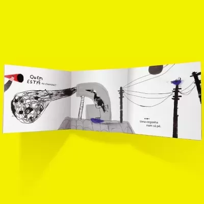 Livro infantil aberto com ilustrações e texto em português