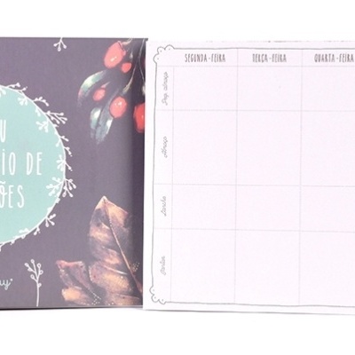 Bloco semanal de planeamento de refeições com capa decorada e interior com grelha de dias da semana.
