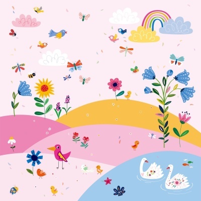 Ilustração colorida de flores, pássaros, insetos, cisnes e arco-íris num cenário natural