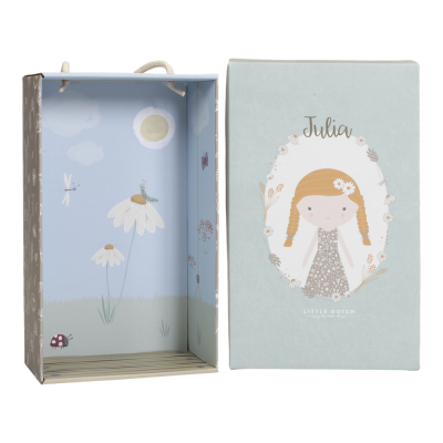 Caixa de cartão decorativa azul clara com ilustração de rapariga e interior com desenhos de flores e insectos