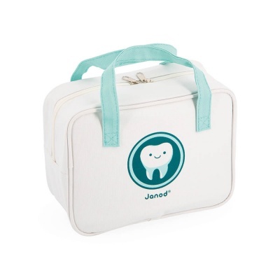 Bolsa branca com pegas azuis e símbolo de dente sorridente Janod