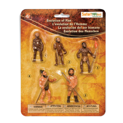 Conjunto de figuras de plástico da evolução do homem em embalagem blister com fundo castanho alaranjado