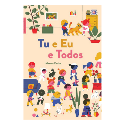 Capa de livro com ilustrações de crianças, animais e plantas, título 'Tu e Eu e Todos'.