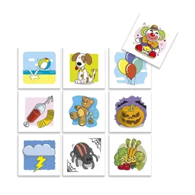 Nove quadrados com desenhos de objetos e animais variados coloridos