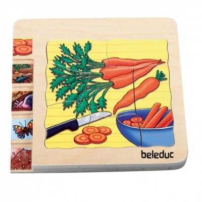 Quebra-cabeças de madeira com desenho de cenouras e detalhes coloridos