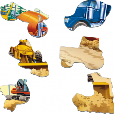 Peças de puzzle ilustradas com veículos de construção e terra