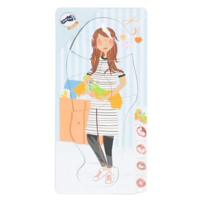 Quebra-cabeças infantil de mulher grávida segurando bebé com fundo azul claro e branco