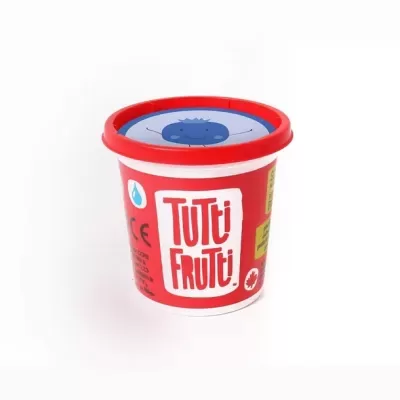 Recipiente vermelho plástico com tampa azul e texto Tutti Frutti