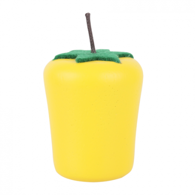 Vaso amarelo com tampa verde em forma de folhas e caule castanho