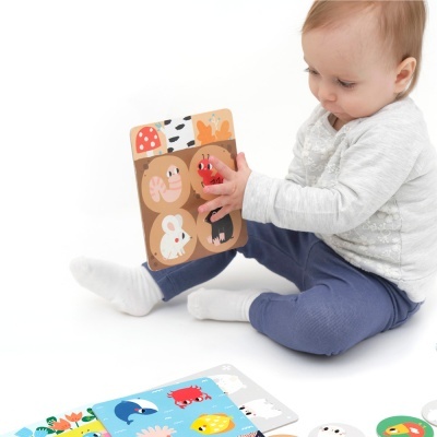 Bebé segurando livro de animais coloridos