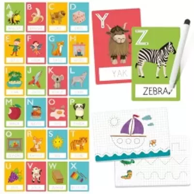Cartões coloridos do alfabeto com imagens e folhas de desenho com caneta para crianças