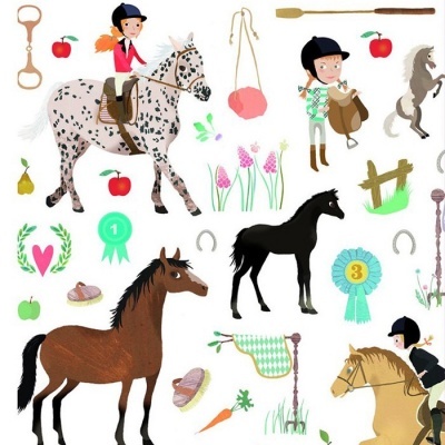 Desenho de crianças a montar cavalos com elementos de equitação e frutas coloridas