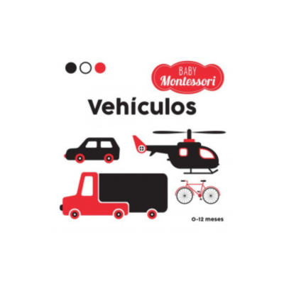 Capa do livro Baby Montessori Veículos com desenhos de veículos em preto e vermelho
