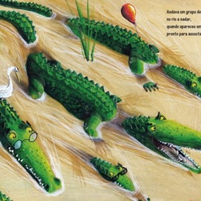 Ilustração de crocodilos verdes num rio com plantas e uma garça branca