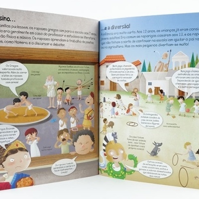 Livro infantil aberto com ilustrações coloridas de crianças gregas e texto em português