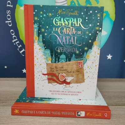 Livro infantil 'Gaspar e a Carta de Natal Perdida' com capa colorida e ilustração de rato