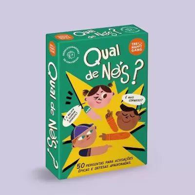 Caixa de jogo de cartas 'Qual de Nós?' com ilustrações coloridas sobre fundo roxo.