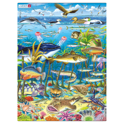 Quebra-cabeças Larsen com imagem de animais marinhos coloridos em fundo azul
