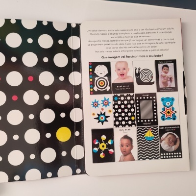Livro para bebés com padrões a preto e branco e ilustrações coloridas