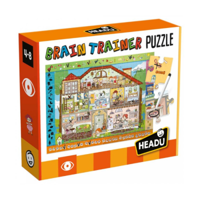 Caixa de puzzle infantil BRAIN TRAINER PUZZLE da marca HEADU com ilustração colorida de casa