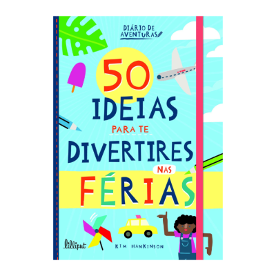 Capa de livro colorida com texto e ilustrações de avião, carrinho, criança, picolé e plantas.