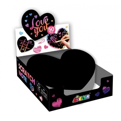 Bloco de notas em forma de coração para riscar, caixa preta com texto e decoração de corações.