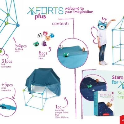 Conjunto de construção XFORTS plus com peças azuis e conectores, saco de transporte e tecido para estrelas