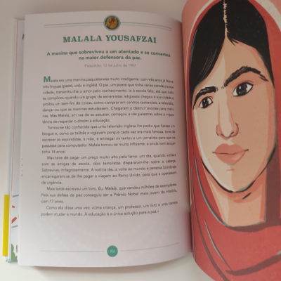 Página de livro aberta com texto sobre Malala Yousafzai e ilustração de rosto com hijab vermelho