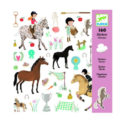 Conjunto de 160 autocolantes de cavalos e amazonas com acessórios e prémios, fundo branco e barra rosa com texto